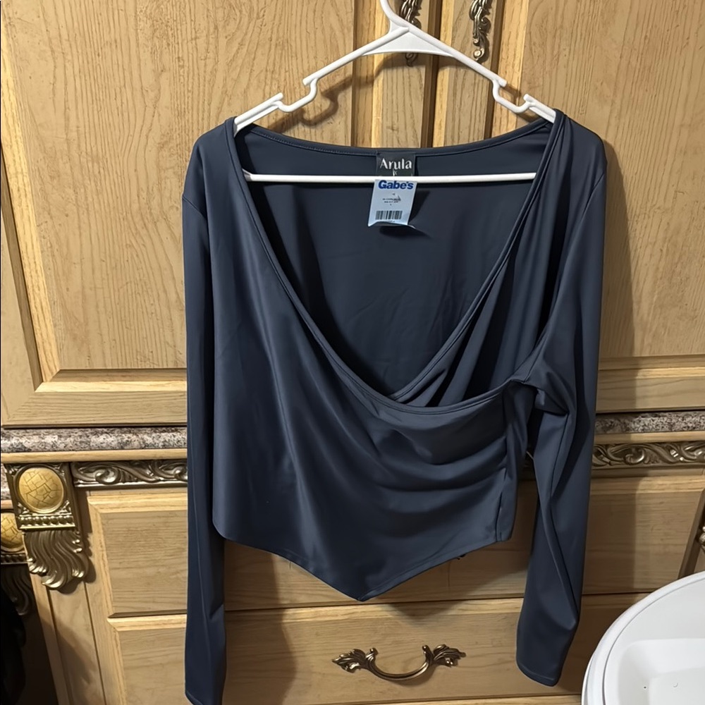 ARULA Gray/Blue Long Sleeve Asymmetrical Wrap Blouse
